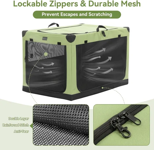 Miniatura 5 de PETSFIT Jaula para perros suave y portátil de 40 pulgadas, marco resistente en espiral, plegable, para perros grandes, 3 puertas de malla, Verde