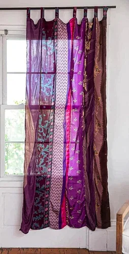 Miniatura 2 de EthinicCraftHub® - Cortina india de seda Sari con diseño de retazos estilo gitano bohemio hippy bohemio para colgar en la pared