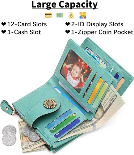 Miniatura 92 de SENDEFN - Billetera pequeña de piel auténtica para mujer, diseño plegable con ventana para tarjeta de identificación