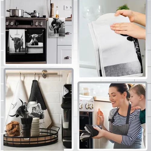 Miniatura 5 de Boyiee Juego de 6 toallas de cocina de ganado Highland, divertidas toallas de baño de vaca en blanco y negro, absorbentes de 24 x 16 pulgadas, lindo