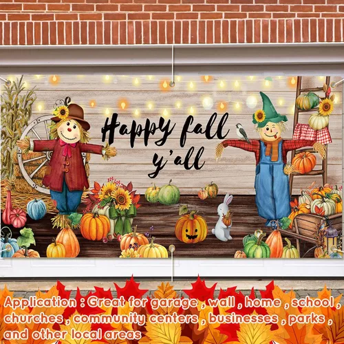 Miniatura 6 de Hosuly Pancarta decorativa de otoño para puerta de garaje de 13 x 6 pies, extra grande, telón de fondo de espantapájaros de calabaza y otoño