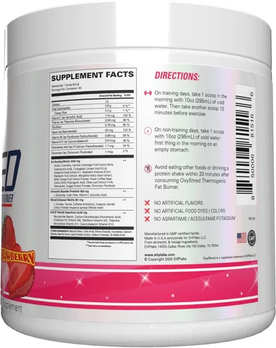 Miniatura 9 de EHP Labs OxyShred Polvo de Pre Entrenamiento - Polvo de preentrenamiento con L Glutamina y Acetil L Carnitina, Bebida Energizante - Cosmic Blast, 60