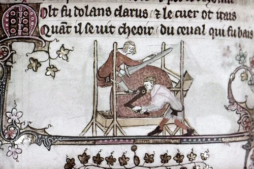 Póster de espadachín del siglo XIV con una enorme espada sobre una piedra de iluminación de Jehan De Grise In The Romance Of Alexander C1340 (24 x