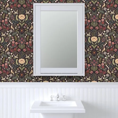 Miniatura 9 de Papel tapiz autoadhesivo para despegar y pegar, papel tapiz tradicional floral, arte popular, pájaros, verde victoriano, borgoña, extra grande
