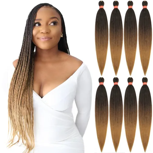 Miniatura 28 de Cabello trenzado preestirado ombré, extensiones de cabello trenzado sedoso, sin picazón, trenzas de cabello trenzado de ganchillo con textura Yaki