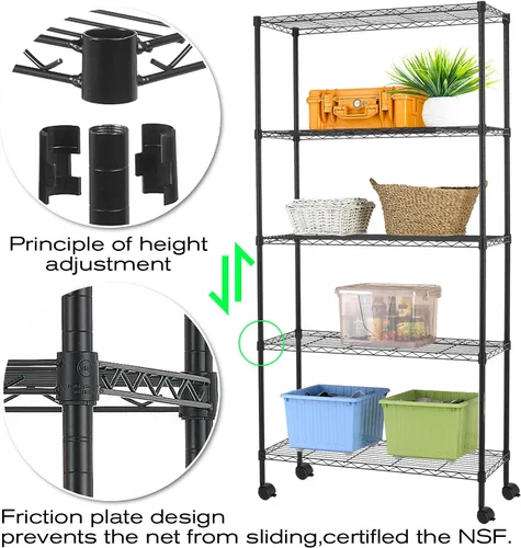Miniatura 6 de HCY Estantería de 5 niveles con ruedas, estante de metal resistente NSF de altura ajustable para lavandería, baño, cocina, garaje, despensa, Negro