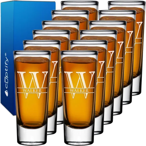 Miniatura 85 de Vaso de chupito personalizado con fondo verde azulado personalizado de 2 oz, vasos de chupito cordial con inicial en script dividido y nombre
