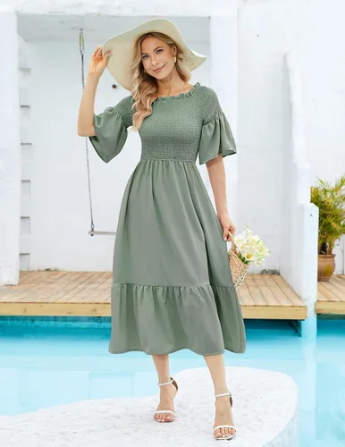 Miniatura 3 de DRESSTELLS Women Casual Dresses, Summer Smocked Maxi Dresses 2023 Trendy, Off Shoulder Boho Sundress
