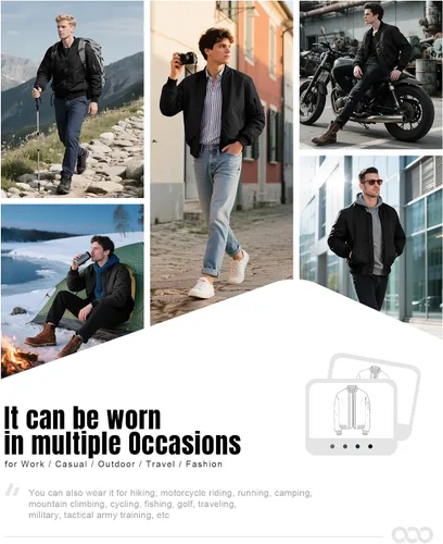 Miniatura 6 de 33,000ft Chaqueta bomber para hombre, impermeable, con cremallera, acolchada, ligera, cálida, casual, primavera, otoño e invierno Negro
