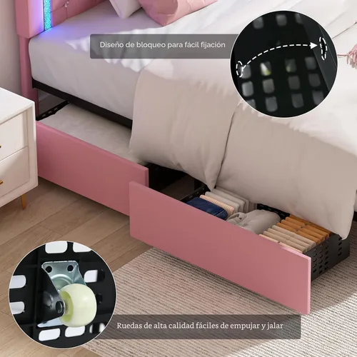 Miniatura 6 de Base de cama tamaño queen con luces LED, plataforma tapizada con cajones de almacenamiento, cama princesa con cabecera y cabecera de diamante,