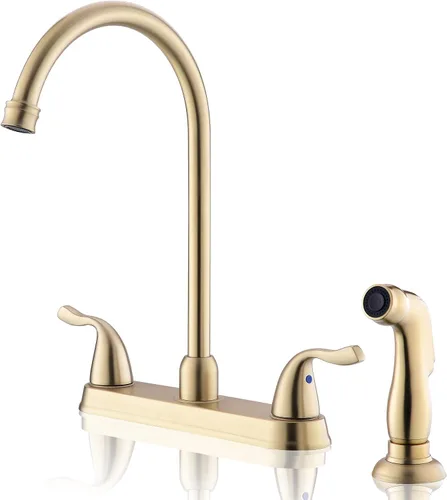 Grifo de cocina dorado de 2 manijas con rociador lateral, 8 pulgadas de arco alto giratorio de 360°, grifo de fregadero central de 3 o 4 agujeros