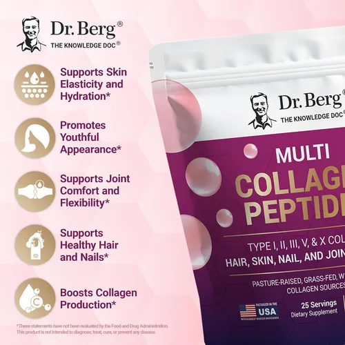 Miniatura 3 de Dr. Berg Multi Colágeno en Polvo de Péptidos Tipos I, II, III, V, X - Polvo de Colágeno Sin Sabor con 14 g de Proteína - Obtenido de Fuentes