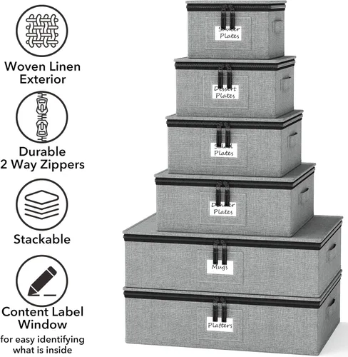 Miniatura 4 de SpaceAid Contenedores de Almacenamiento para Vajilla Paquete de 6, Estuches Rígidos Acolchados Apilables con Separadores de Platos Suaves, Cajas