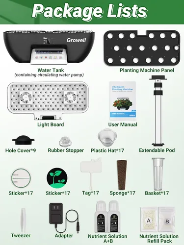 Miniatura 7 de Growell Sistema de cultivo hidropónico, jardín de hierbas de 17 cápsulas con 102 luces de cultivo de espectro completo de 28 W y 2 ventiladores