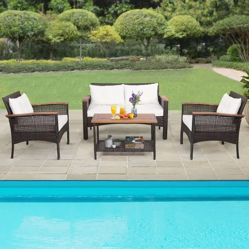 Miniatura 2 de Tangkula Patiojoy - Juego de muebles de patio de 4 piezas, madera de acacia para exteriores, juego de conversación de mimbre PE con cojines, juego