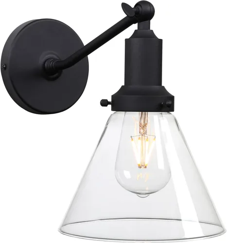 PERMO Lámpara de pared Industrial Vintage con inclinación única con embudo acampanado de vidrio transparente con sombra de pared de vidrio (Negro