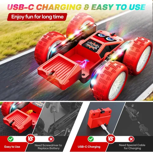 Miniatura 3 de WayEee Coche de control remoto, 360° voltea RC Stunt Car con tiras de luces LED, batería modular de carga tipo C, 2.4 GHZ de doble cara de alta Rojo