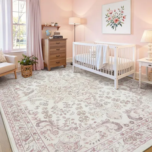 Miniatura 27 de Wonnitar Alfombras rosas para dormitorio, niñas, guardería, alfombra lavable con estampado floral de 5 x 7 pies, bohemio, ultrafina, antideslizante