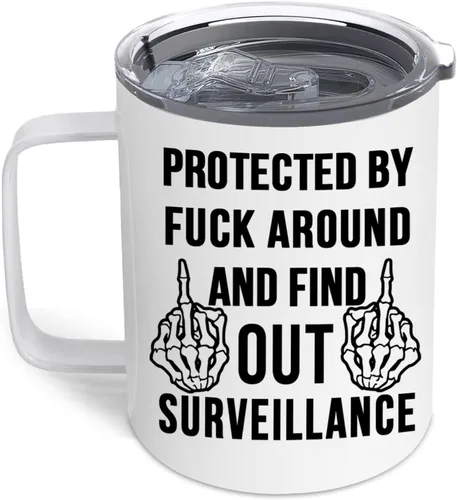 Miniatura 2 de Protected by fuck around and Find Out Surveillance - Taza de café aislada de acero inoxidable con asa y tapa, tazas de café, taza de viaje