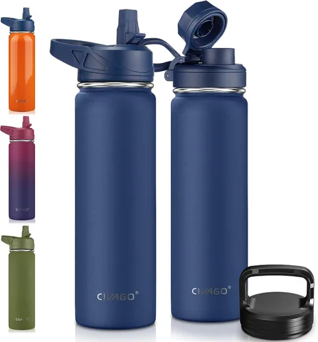 Miniatura 18 de CIVAGO Botella de agua aislada de 22 onzas con pajita, frasco de agua deportiva de acero inoxidable con 3 tapas