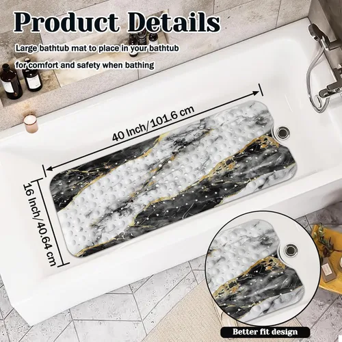 Miniatura 2 de Blcak - Tapete antideslizante para bañera de mármol dorado y blanco, tapete de baño antideslizante para ducha, tapete de ducha grande lavable