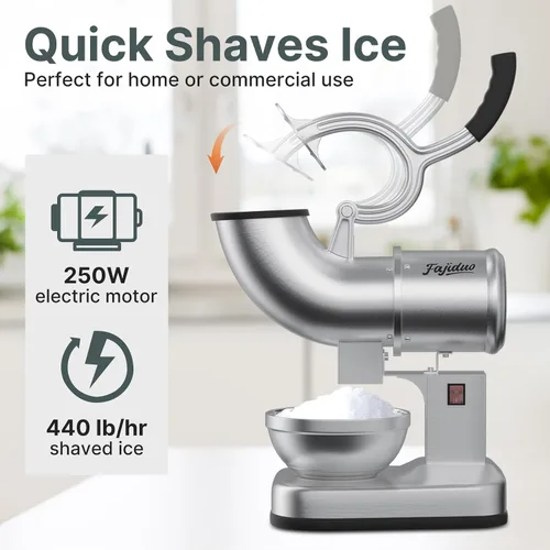 Miniatura 2 de Afeitadora de hielo eléctrica, trituradora de hielo de doble hoja de acero inoxidable 440LBS/H, máquina de hielo afeitado comercial, máquina de cono