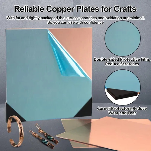 Miniatura 3 de Adrattnay Paquete de 8 láminas de cobre 99.9% puro de 4" x 4", láminas de cobre de 24 calibre 0.5mm (0.02") con película protectora de doble cara