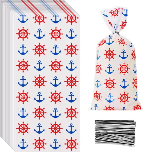 Lecpeting 100 bolsas náuticas para golosinas, anclas, estampado de rueda, bolsas de celofán, regalos de fiesta náutica con lazos giratorios para