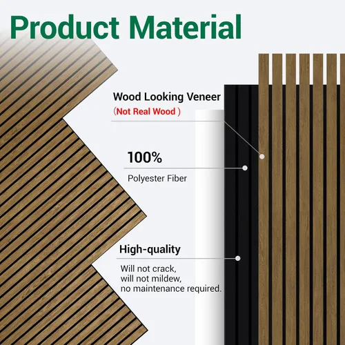 Miniatura 2 de 4 paneles de pared de listones de madera acústica 3D, absorción de sonido con cancelación de ruido, decoración de pared interior de teca natural