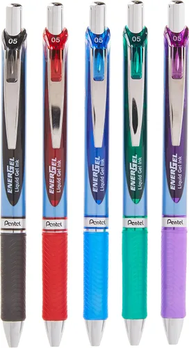 Pentel EnerGel RTX - Bolígrafo de gel líquido retráctil, punta fina de 0.5 mm, punta de metal, tinta de colores surtidos, paquete de 5 unidades