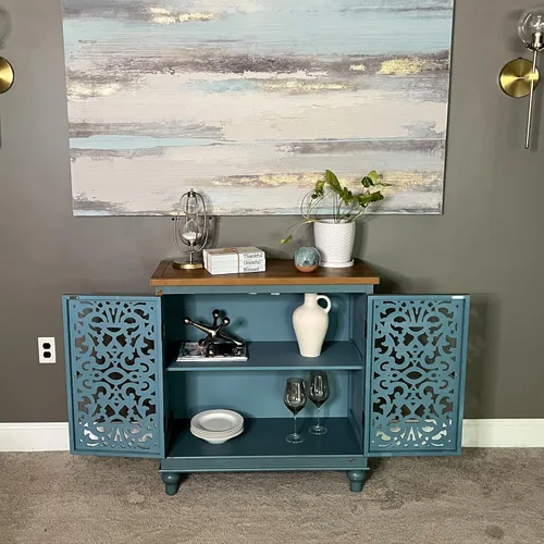 Miniatura 4 de PHI VILLA Gabinetes de acento azul, pequeño gabinete de buffet y aparador, credenza de 2 puertas talladas huecas, gabinete de almacenamiento