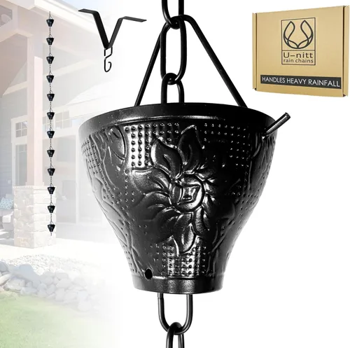 Miniatura 9 de U-nitt Cadena de lluvia colección de agua para canalones, atrapador de agua de lluvia y desviador, cadenas de 8.5 pies para jardín exterior, copas