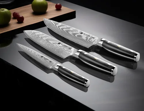 Miniatura 5 de WIZEKA Juego de cuchillos de chef de Damasco: 3 piezas, cuchillos de cocina súper afilados: hechos de acero japonés VG10: juego de cuchillos de chef