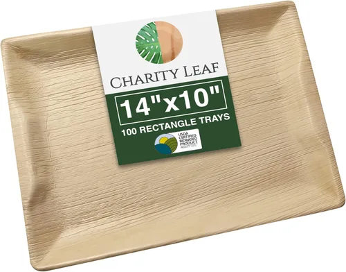 Charity Leaf Bandejas desechables de hoja de palma de 14" x 10" (100 piezas) Platos de servir tipo bambú, tablas desechables, vajilla ecológica para