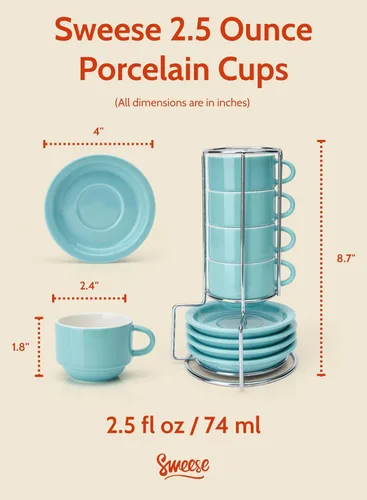 Miniatura 2 de Sweese - Juego de 4 tazas de porcelana apilables de 2.5 onzas para café expreso, con platillos y soporte de metal, color turquesa
