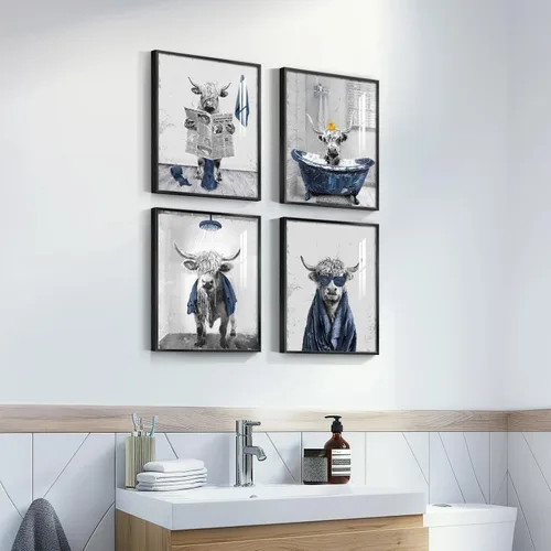 Miniatura 3 de Arte de pared divertido de vaca de las tierras altas enmarcado para baño, 4 piezas de divertidos animales, impresiones artísticas azul marino, linda