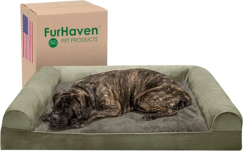Miniatura 18 de Furhaven Cama ortopédica de espuma para perros, de pelo sintético y terciopelo, con diseño de caja de huevos, color salvia oscura, talla M Dark Sage