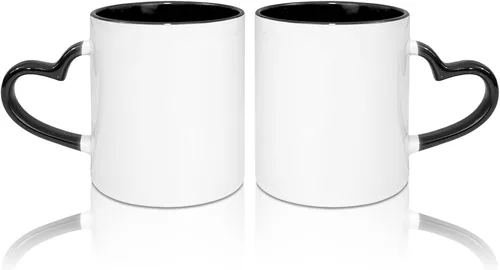 MR.R Tazas de café en blanco de sublimación de 11 onzas, taza blanca con taza de color negro interior y mango de corazón, juego de 2