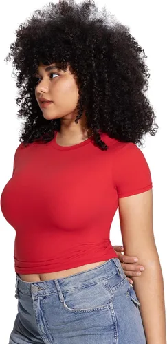 Miniatura 3 de PUMIEY Camiseta básica de manga corta con cuello redondo para mujer, con doble forro, ajustada, colección Smoke Cloud Pro