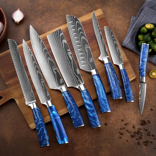 Miniatura 4 de SENKEN - Juego de 16 cuchillos de acero inoxidable japonés de alto carbono con patrón de damasco, asas de resina azul, 6 cuchillos para carne