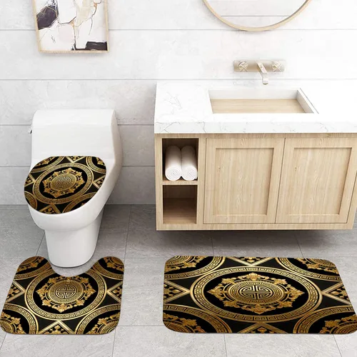 Miniatura 3 de Yizheer Juego de 4 cortinas de ducha de lujo, color negro y dorado, patrón de damasco impermeable, kit de decoración de baño