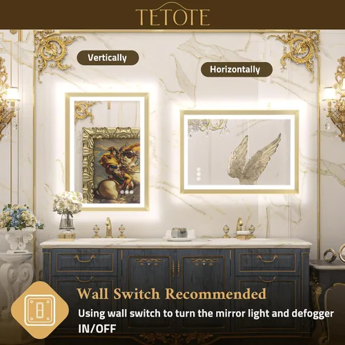 Miniatura 6 de TETOTE Espejo LED dorado para baño, marco de metal de 20 x 28 pulgadas, espejo de tocador iluminado frontal y retroiluminado, barroco, antiniebla