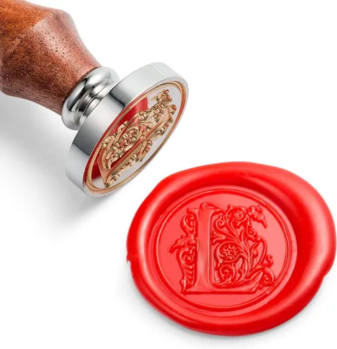 Miniatura 17 de Sello de cera Mceal, sello grande 1 1/5"(30mm) de diámetro, cabeza de latón plateado con mango de madera, serie de letras A a Z de estilo regio