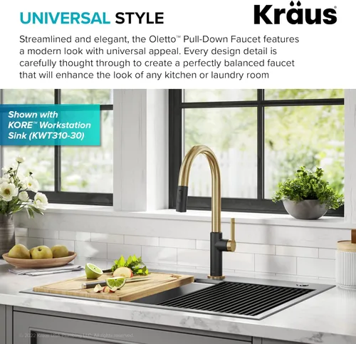 Miniatura 4 de Kraus Oletto - Grifos de cocina de arco alto con un solo mango extraíble, en latón cepillado/negro mate, grifos de cocina con rociador extraíble