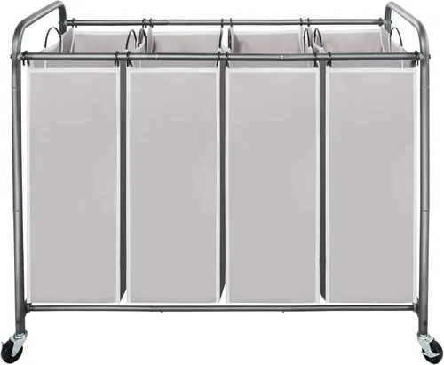 STO STO Cesta clasificadora de ropa de 4 secciones, 4 bolsas, cesta de lavandería con ruedas resistentes con cerradura y bolsa extraíble para Gris