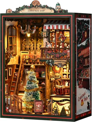 Kit de Rincón de Lectura de Tienda de Navidad, Kit de Casa en Miniatura DIY con Luces LED y Música Rotativa - Rompecabezas 3D de Madera para