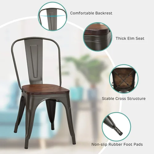 Miniatura 8 de HAPPYGRILL Juego de 4 sillas de comedor, sillas de cocina de metal para interiores y exteriores con asiento de madera y respaldo alto, sillas