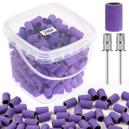 Bandas de lijado para taladro de uñas de grano 240, bandas de lijado de uñas extremadamente finas, 200 bandas de lijado profesionales moradas y 2