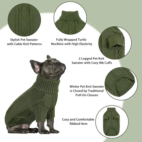 Miniatura 3 de Queenmore - Suéter de punto trenzado con cuello alto para perros pequeños, para climas fríos, para chihuahua, bulldog, teckel, carlino y yorkie, XS