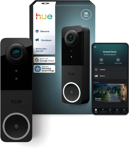 Timbre de video Philips Hue Secure con cable, resolución 2K, vista de ángulo amplio, notificaciones, integración con luces Hue, audio bidireccional,